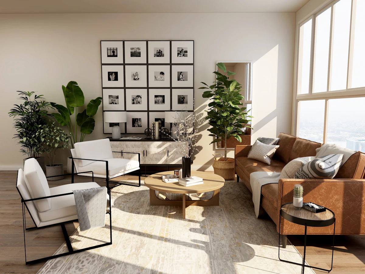 Sunlit living room in a fictional home services website
